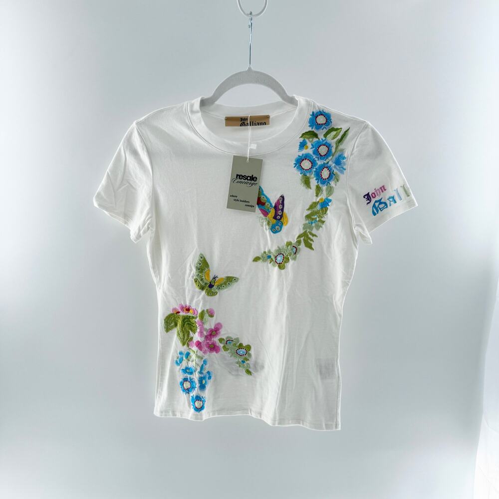 John Galliano Butterfly Embroidery Short Sleeve Crew Neck T-Shirt White Womens M